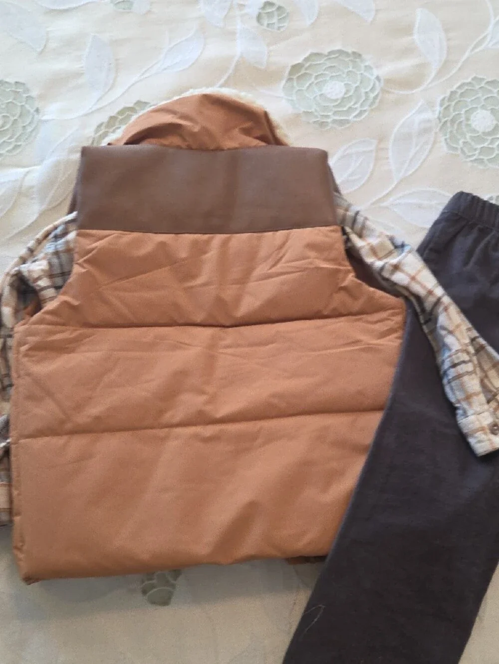 Kids 3-Piece Matching Set - Brown Puffer Vest, Plaid Shirt & Charcoal Pants